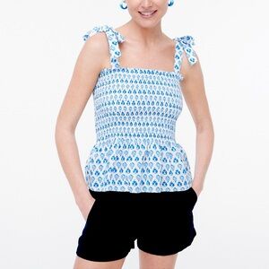 J. Crew Smocked Tie Shoulder Tank Top Color Floral Print Wide Straps Blue/White